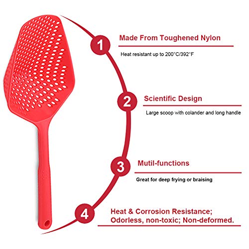 SKEMIX Kitchen Nylon Strainer Scoop Colander, Skimmer Spoon with Long Handle, Drain Shovel Strainers, Water Leaking Shovels Ice Shovel Colanders - Pack of 2 (Red and Black)) - Thumbnail 3