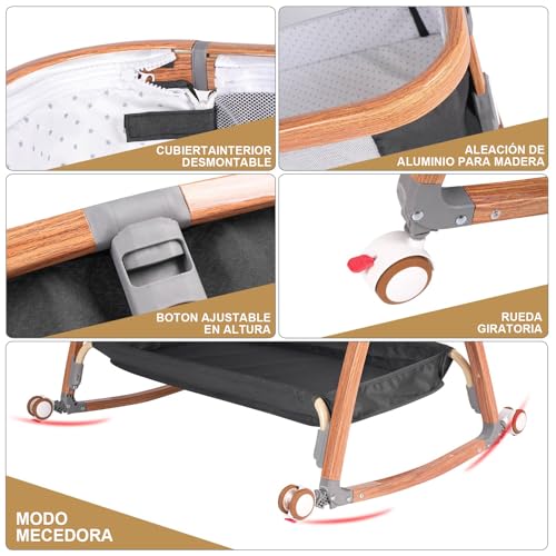 Muja Cuna Multifuncional, Colecho para Padres, Cuna con Mosquitero, Portátil, Ajustable, Convertible a Mecedora, Rueda Silenciosa, Cesta de Almacenamiento(Gris Oscuro)