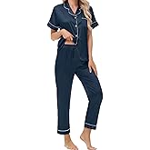 Exemaba Women's Satin Pajama Set Short Sleeve Silk Top and Pants Set Classic Button Down 2-Piece Sleepwear Loungewear