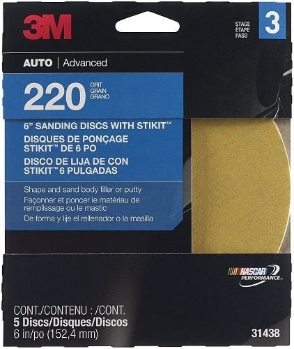 3M Sanding Disc with Stikit Attachment, 31438, 6 in, 220 grit, 5 discs per pack