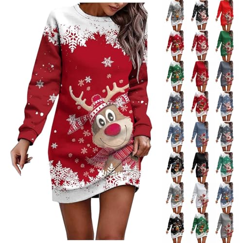 christmas jumpers for women Cute Reindeer Print longline sweatshirts for women Fashion Crew Neck xmas jumper dress Casual Long Sleeves christmas tops Lightweight Loose Fit pullover sweaters