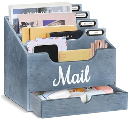 EXQUIDECA Rustic Wooden Mail Organizer With Drawer - Desktop Sorter For Letters, Files, Pens & Stationery - Farmhouse Office Desk Accessory (11.5"L X 4"D X 7"H) - View #9