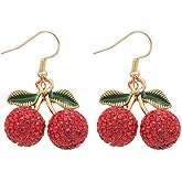 ERLOSYA Kawaii Cherry Fruit Earrings for Women Simulated Fruit 3d Cute Cherry Dangle Earrings for Woman Fashion Trendy Red CZ Drop Earring