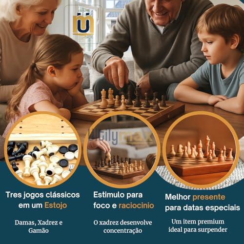 Jogo de xadrez Magnético 3 em 1, Damas e gamão em madeira, Tabuleiro Dobrável 24x24 cm, Peças de Resina, Estilo Estojo Clássico Profissional