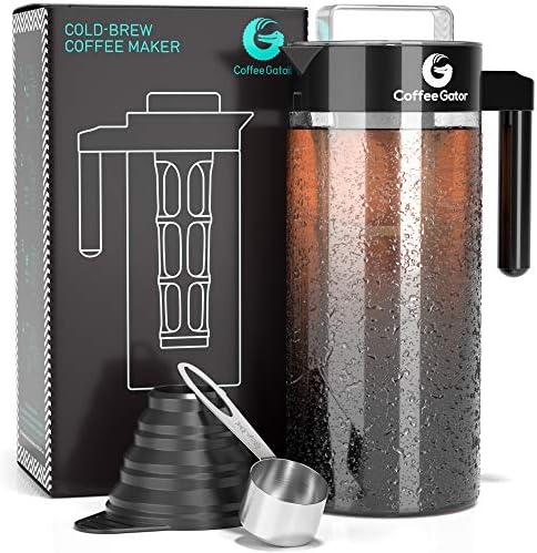 Coffee Gator Cold Brew Coffee Maker - BPA-Free Filter and Glass Carafe - Brewing Kit with Stainless Steel Measuring Scoop and Collapsible Loading Funnel - Black - 1.4 Litre