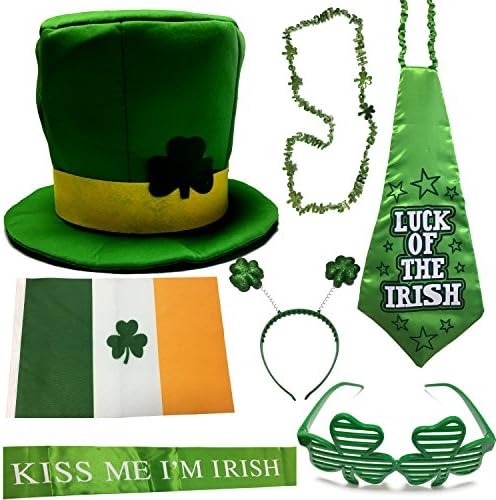 ST Patrick's Day Parade Mens and Womens Costume Accessories Set, CoolYeah 7 pcs Set for Irish Day Saint Paddy's Day Celebration Outfit Attire March & Party Events