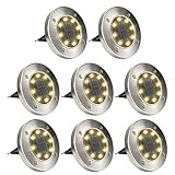 GIGALUMI 8 Pack Solar Ground Lights, 8 LED Solar Powered Disk Lights Outdoor Waterproof Garden Landscape Lighting for Yard Deck Lawn Patio Pathway Walkway (Warm White)