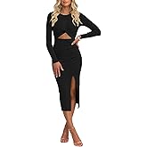 Pink Queen Women's Crew Neck Long Sleeve Midi Dress Cutout Twist Front Bodycon Slit Pencil Ribbed Knit Dresses