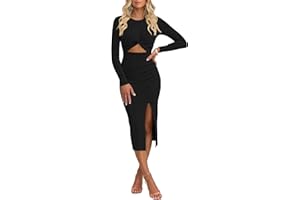 Pink Queen Women's Crew Neck Long Sleeve Midi Dress Cutout Twist Front Bodycon Slit Pencil Ribbed Knit Dresses
