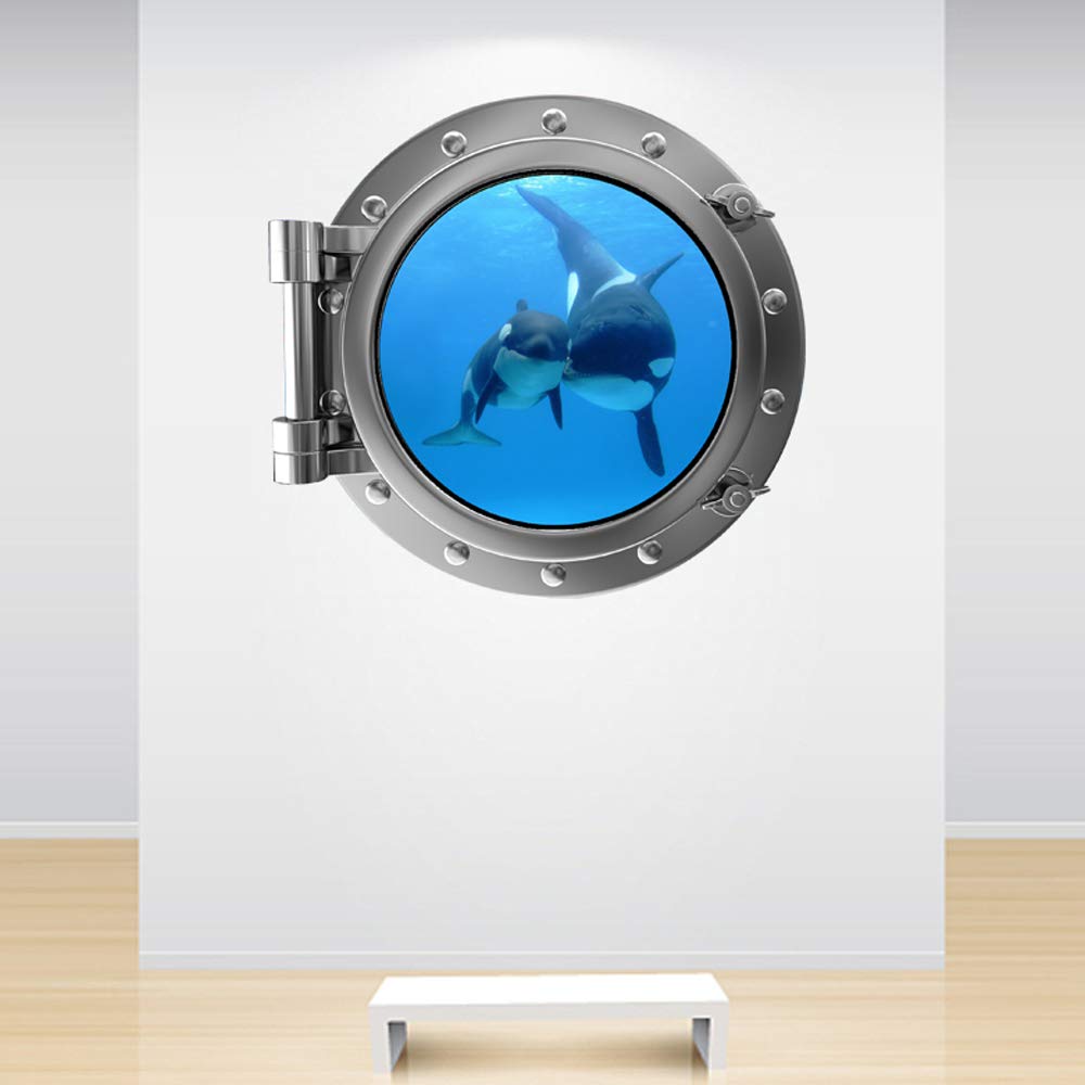 60 Second Makeover Limited Full Colour Silver Orca Whale Mother and Baby Porthole Wall Sticker Under the Sea Ocean Wall Decal