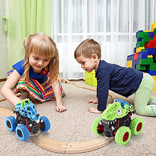 Muehieu Monster Toys Truck Cars, 2 Pack of Dinosaur Vehicles Toys Friction Powered Double Directions Push and Go Dinosaur Trucks Vehicles Playset Toys for Toddler Kids Boys Girls