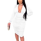 GOBLES Women's Sexy Deep V Neck Long Sleeve Ruched Bodycon Midi Party Dress