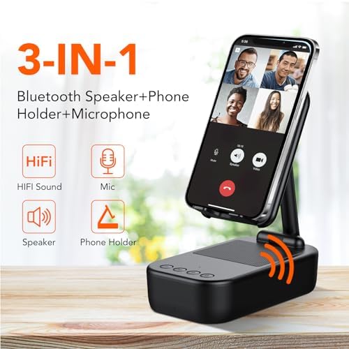 Coluna Bluetooth sem fios com suporte móvel, som antiderrapante e HD surround, coluna portátil e suporte móvel ajustável para telemóvel/almofada