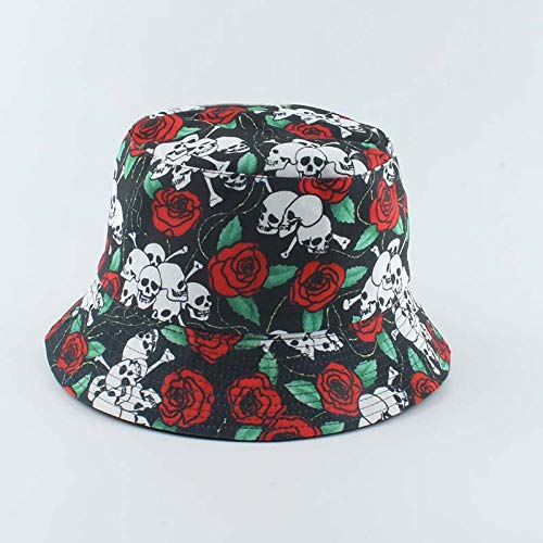 WSKWEIJ Fischerhut,Mode Fishermant Hut Harajuku Schädel Und Rose Floral Print Eimer Hut Für Frauen Männer Reversible…