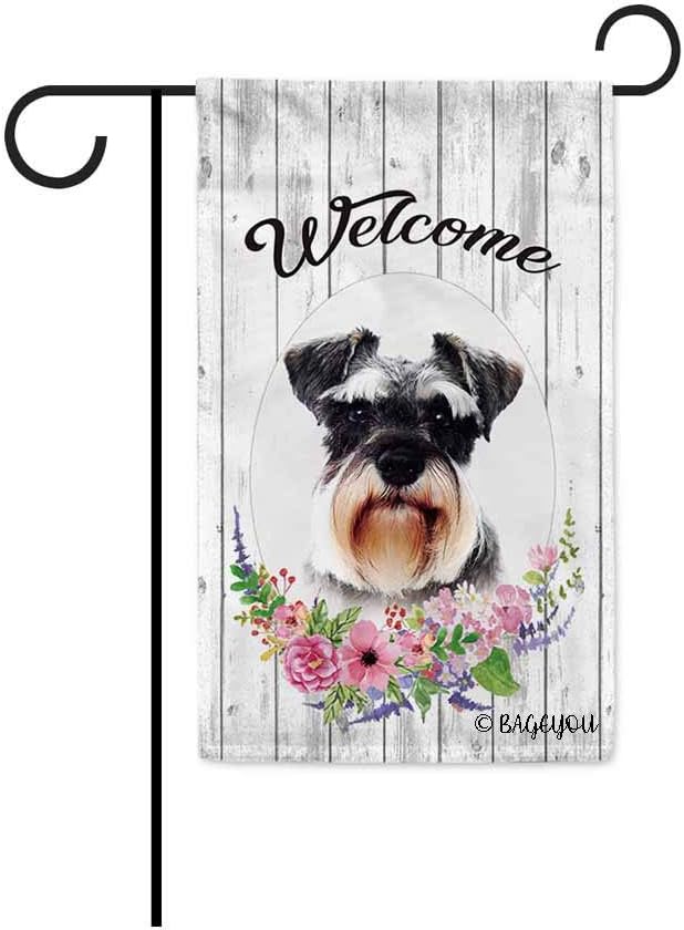 BAGEYOU Welcome Spring Summer Flowers Cute Dog Schnauzer Decorative Garden Flag Lovely Puppy Floral Seasonal Home Decor Banner for Ourside 12.5X18 Inch Print Double Sided