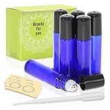 Pack of 6, 10ml Cobalt Blue Glass Roll On Bottles With Stainless Steel Roller Ball for Essential Oil, Aromatherapy by Mavogel - 3ml Dropper and Essential Oil Bottle Stickers Included