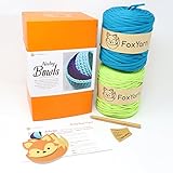 T-Shirt Yarn Nesting Bowls Yarn Kit - Includes 2 Rolls, Pattern, Hook, Label, Stickers - Fettuccini Zpagetti (Lime/Aqua)