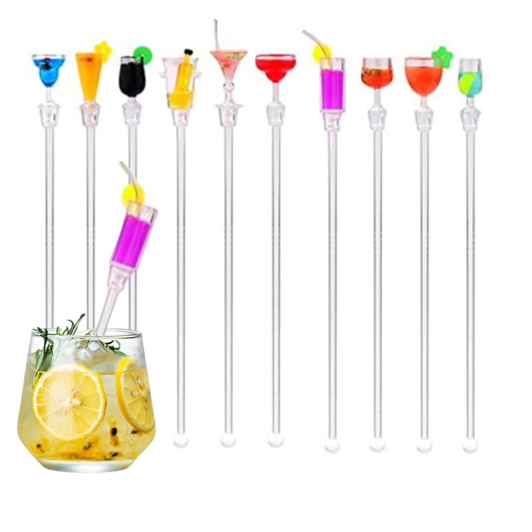 Naisfei10 Pcs Cocktail Stirrers,Acrylic Drink Stirrers and Cocktail Mixing Spoons,Reusable Cocktail Stirrers Swizzle Sticks with Wine Glass Patterns for Drinks Tea Coffee Party Bar