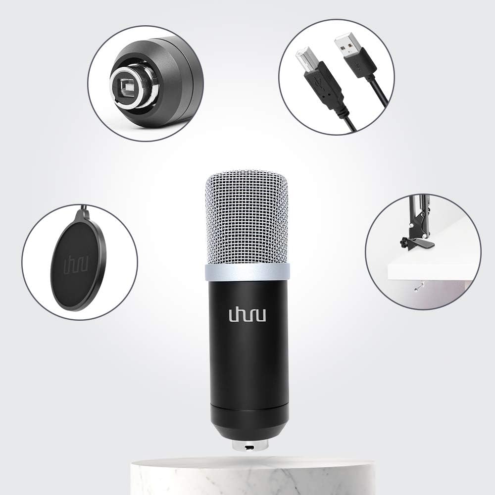 USB Podcast Condenser Microphone 192kHZ/24bit, UHURU Professional PC Streaming Cardioid Microphone Kit with Boom Arm, Shock Mount, Pop Filter and Windscreen, for Broadcasting, Recording, YouTube: Home Audio & Theater