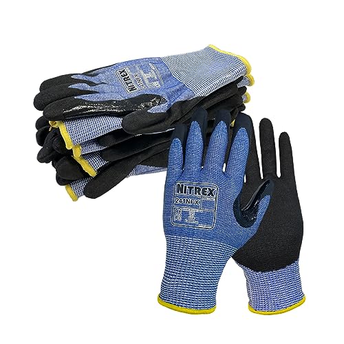 NITREX Unigloves 10 Pairs - General Handling High Level Cut Resistant Gloves with Sandy Nitrile Palm Coating, Featuring NitreGuard Technology and NitreGrip Technology in Black/Blue
