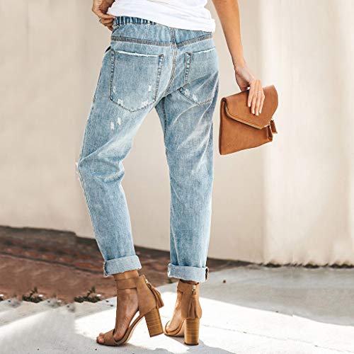 gugs Women Pull-on Distressed Denim Joggers Elastic Waist Stretch Pants Paper Bag Waist Pants High Waist Long Pencil Pants (S, Light Blue)