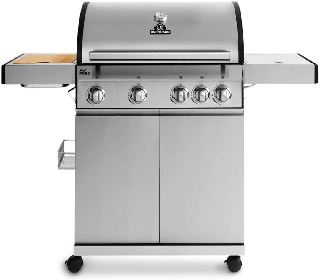 4-Brenner Gasgrill Big Fred Deluxe mit Infrarot-Keramikbrenner und Seitenkochfeld, Edelstahl Grillwagen mit Seitentisch, Gusseisen-Grillrost, Deckel-Thermometer, Piezozündung inkl. Abdeckhaube