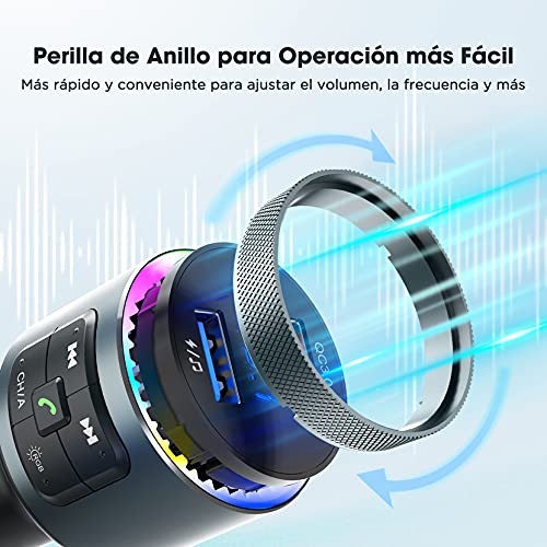 Transmisor FM Bluetooth 5.0 para Coche, [Detecta Frecuencia Libre Automático], RGB 9 Colores Luz de Anillo, Dual Micrófono Manos Libres Reproductor MP3, QC3.0 Adaptador, Siri Google Asistente