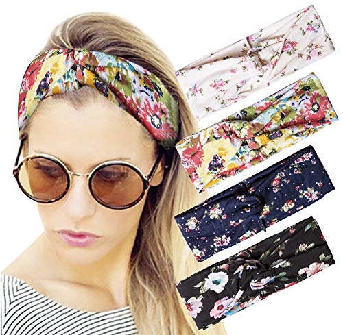 Darller 4 Pack Women Headband Boho Floal Style Criss Cross Head Wrap Hair Band