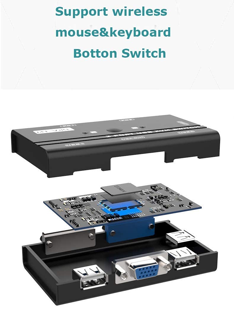 MT-VIKI VGA KVM Switch, 2 Port USB VGA KVM Switch for 2 Computers Share 1 Monitor Keyboard Mouse Printer, + 2 KVM Cables