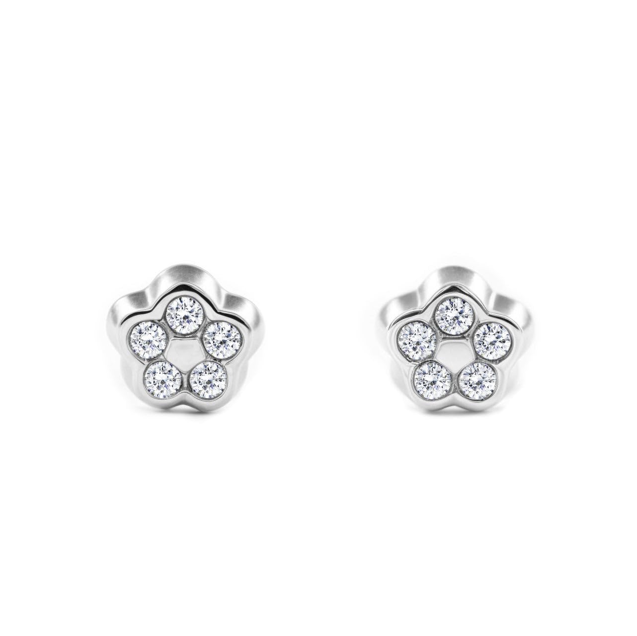 Mondepetit - 9ct White Gold Daisy Flower Cubic Zirconia Children's Baby Earrings shine