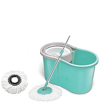 Mopnme 360 Spin Mop Bucket with Plastic Basket with 2 Refill Bucket with Wheel to Easy Moving