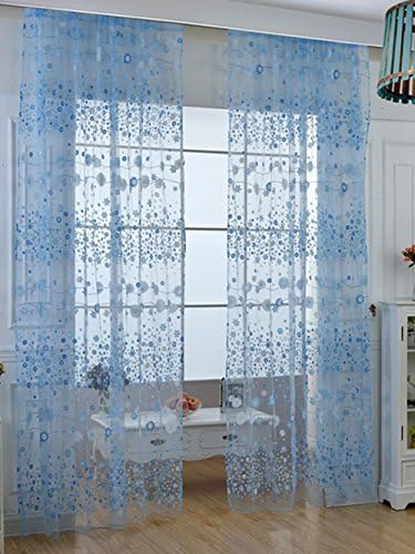TINNZTES Curtain Sheer, window screening, Window gauze, fresh Flower Sun Flower, Door Room Dividers, Fit for bedroom, living room, balcony, window, 39.4x78.7 inch (Blue)