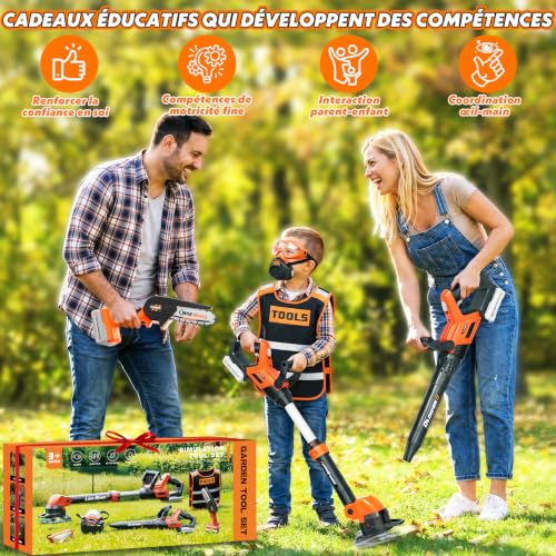 Outils de Jardin pour Enfants 3 in -Débroussailleuse & Souffleur Enfant & Tronconneuse Enfant Effets Sonores Réalistes, Exterieur Jouet Enfant 3-5 Ans,Cadeau Garcon 3-5 Ans