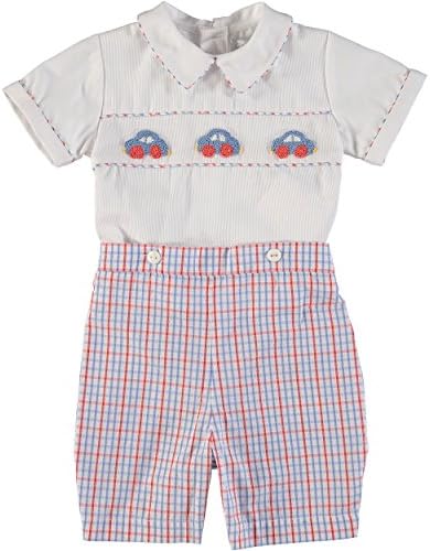 Baby Boys Bobbie Suit Smocked Cars White Short Sleeve Shirt and Plaid Shorts