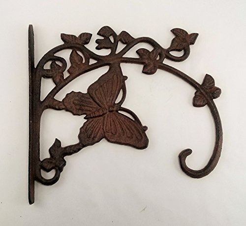 Aunt Chris' Products - Large Cast Iron Basket Hanger - Butterfly On Ivy - Scroll Work Design - Rustic Bronze - Indoor or Outdoor Use