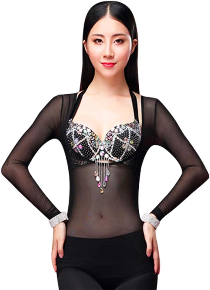 Women Mesh Chest Opened Top Belly Dance Bodysuit Long Sleeves
