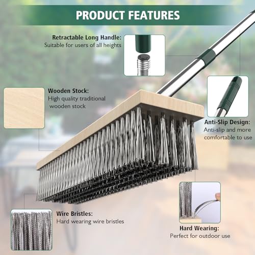 Stainless Steel Wire Brush with Telescopic Handle (145 cm), Wire Brush Deck Brush Floor Scrubber Brush for Garden, Patio, Deck