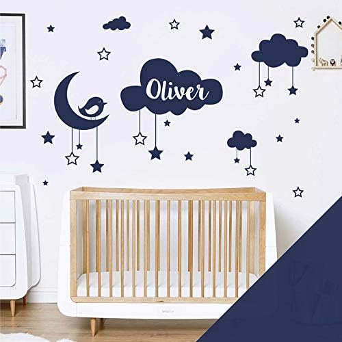 Personalised Name Baby Wall Sticker - Clouds, Stars, Moon & Bird [Cobalt]