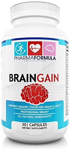 PharmaFormula BrainGain Natural Brain Function Formula - Pure & Potent Cognitive Enhancer - Supports Memory, Focus & Clarity - Veggie Capsules With Nootropics & Vitamins For Maximum Performance