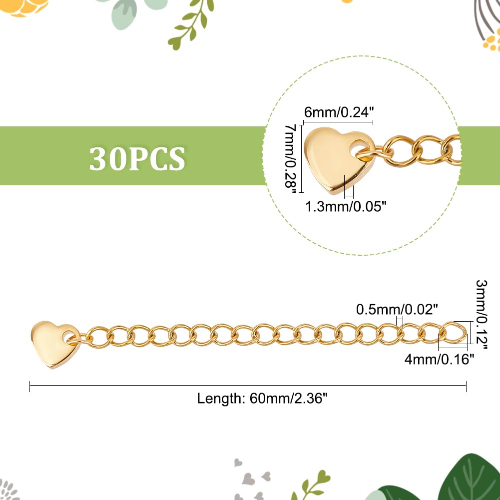 UNICRAFTALE 30pcs 60mm Golden Chain Extension Necklace with Heart Charms - Stainless Steel Chain Extender for Jewelry Making