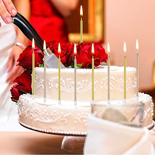 Frienda 24 Pieces Metallic Birthday Cake Candles in Holders Long Thin Birthday Candles Cupcake Candles Wedding Party Cake Decorations (Gold and Champagne Gold)