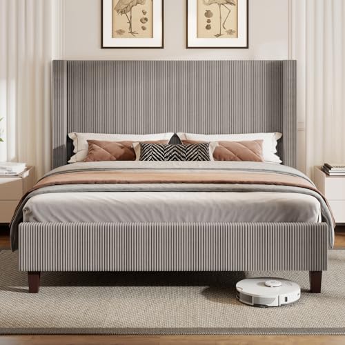 Jocisland King Size Upholstered Platform Bed Frame, 50.8" Corduroy Bed Frame with Wingback Headboard Vertical Tufted, Solid Wood Legs, No Box Spring Needed, Taupe