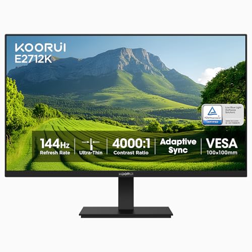KOORUI 27 Inch Gaming Office Monitor 144Hz VA Display 4000:1 Contrast Ratio, FreeSync FHD 1080P, Eye Care TÜV Rheinland Certified, Slim Bezels, HDMI VGA Ports, Ergonomic Tilt, VESA Mount, Black