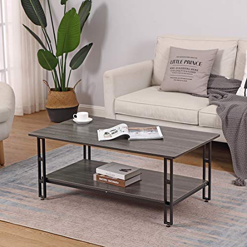 Cocktail Coffee Table Vintage Grey with Storage Shelf - Bizzoelife 42 Inches Industrial Tea Table Rustic for Living Room