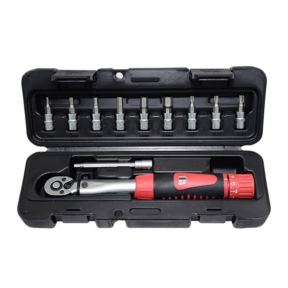 POFET Torque Wrench Bicycle and Motorcycle 1/4in Socket Set 2-24Nm Torque Repair Tool Kit Torque Adapter Tubular Socket Wrench(Red)