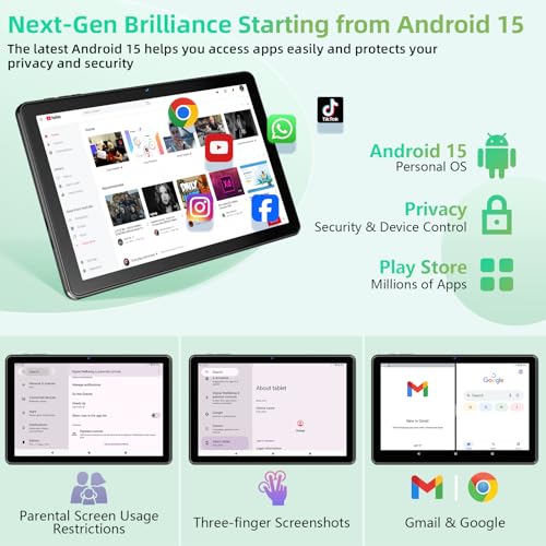 Tablet 10 inch Android 15 Tablets, 18GB RAM 128GB ROM 1TB Expand, Octa-Core Processor, 1280x800 IPS Widevine L1, WiFi 6, 8MP+5MP Dual Camera, BT5.4, 6000mAh, GPS，Gray