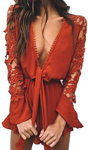 RUIGO Women's Lace Trim Deep V Neck Sexy Long-Sleeved Lotus Chiffon Jumpsuit Romper Playsuit (S, Red)