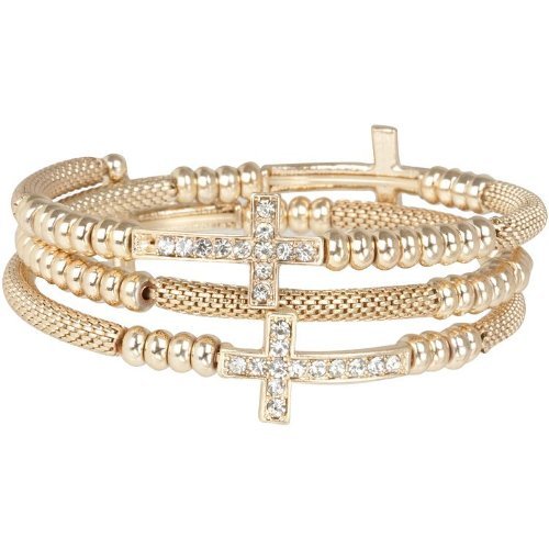 Heirloom Finds Crystal Sideways Cross Coil Wrap Bracelet of Gold Tone Mesh