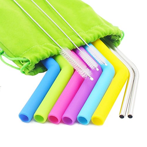 Topsky Silicone and Stainless Steel Drinking Straws, Extra Long Colored Flexible Smoothie Reusable Silicone Straws for 30 oz Tumbler Yeti / Rtic, Cleaning Brush and Storage Pouch Included