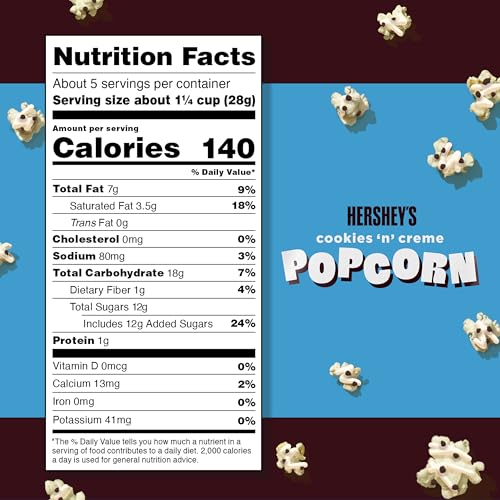 HERSHEY’S COOKIES N CRÈME, 5.25OZ GROCERY SIZED BAG, POPCORN DRIZZLED IN WHITE CREME AND COOKIE BITS, READY TO EAT, SAVORY SNACK, SWEET AND SALTY